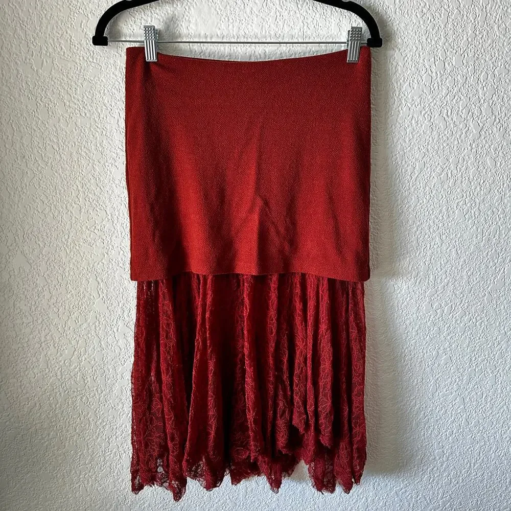 Free People Two For One Sheer Lace Midi Skirt | XS | Red Rust